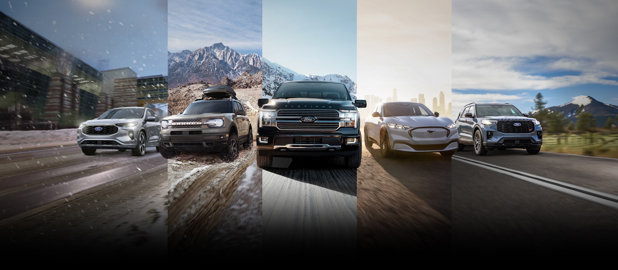 Ford vehicles in diverse terrains: city, snow, mountains, urban, and countryside, showcasing versatility.