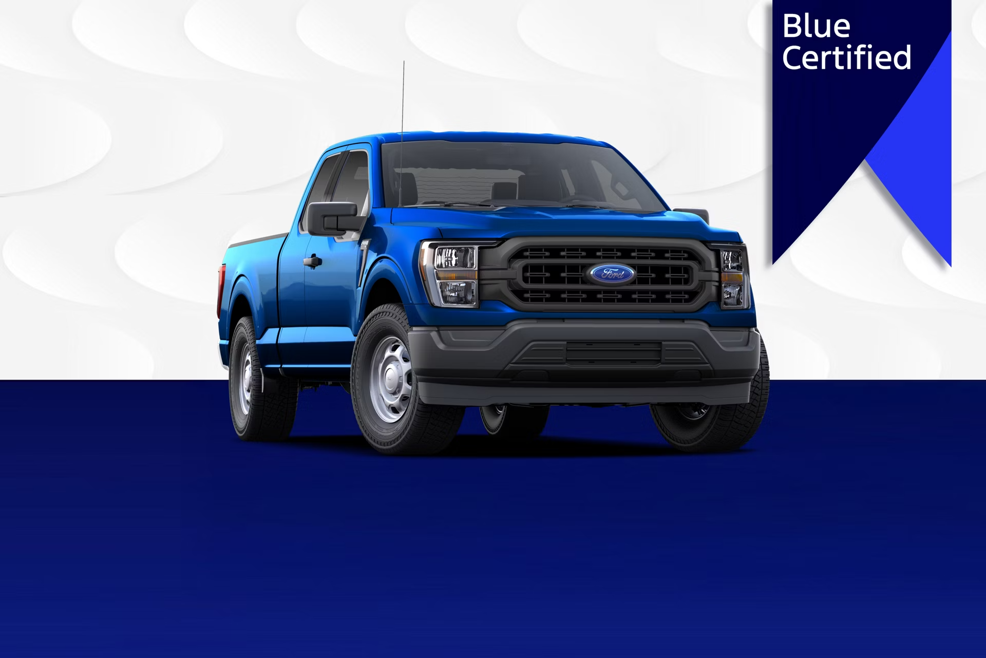 Blue Certified Ford F-150 pickup truck with modern design and advanced features at Lakewest Ford.